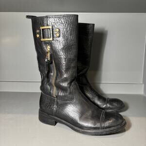 Tory Burch Black Leather Mid Calf Riding Boots Gold Zip BuckleWomen’s Size 8.5M